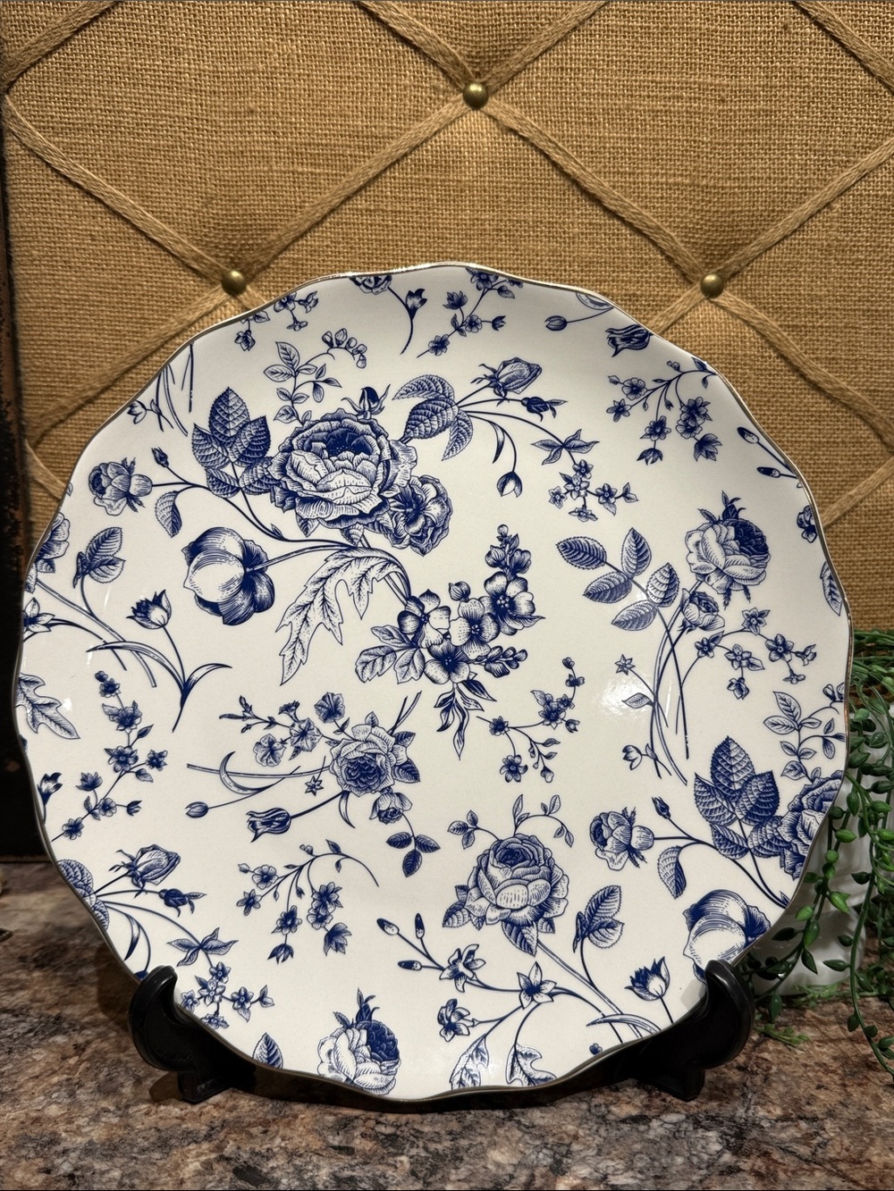 Godinger Blue Floral Scalloped Dinner Plate - Classic Porcelain